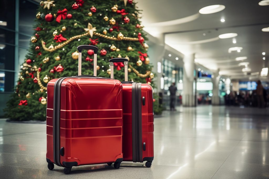 Red suitcases next to large Christmas tree at airport